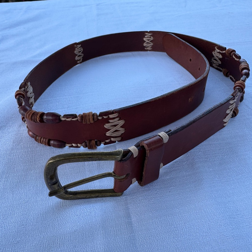 Vintage Omega Leather Belt L Brown Boho Wood Bead Whipstitch Western 90s Turkey